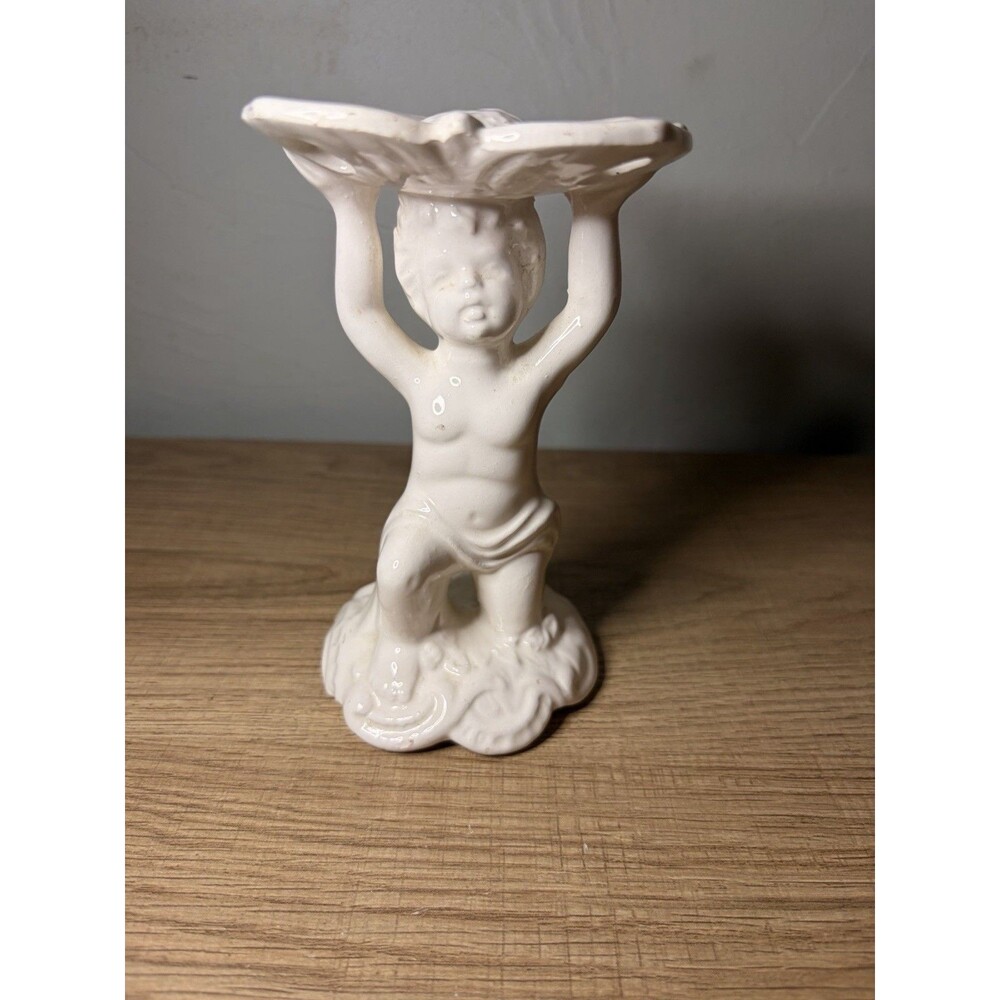 Vintage D.M. Japan Cherub Soap Dish White Ceramic Floral Pedestal